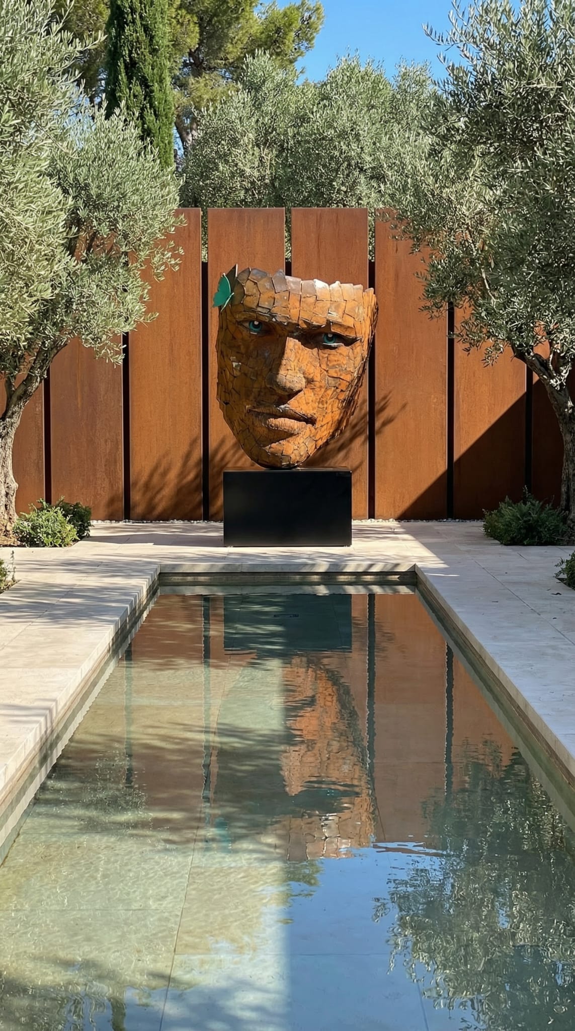 Face sculpture by a pool